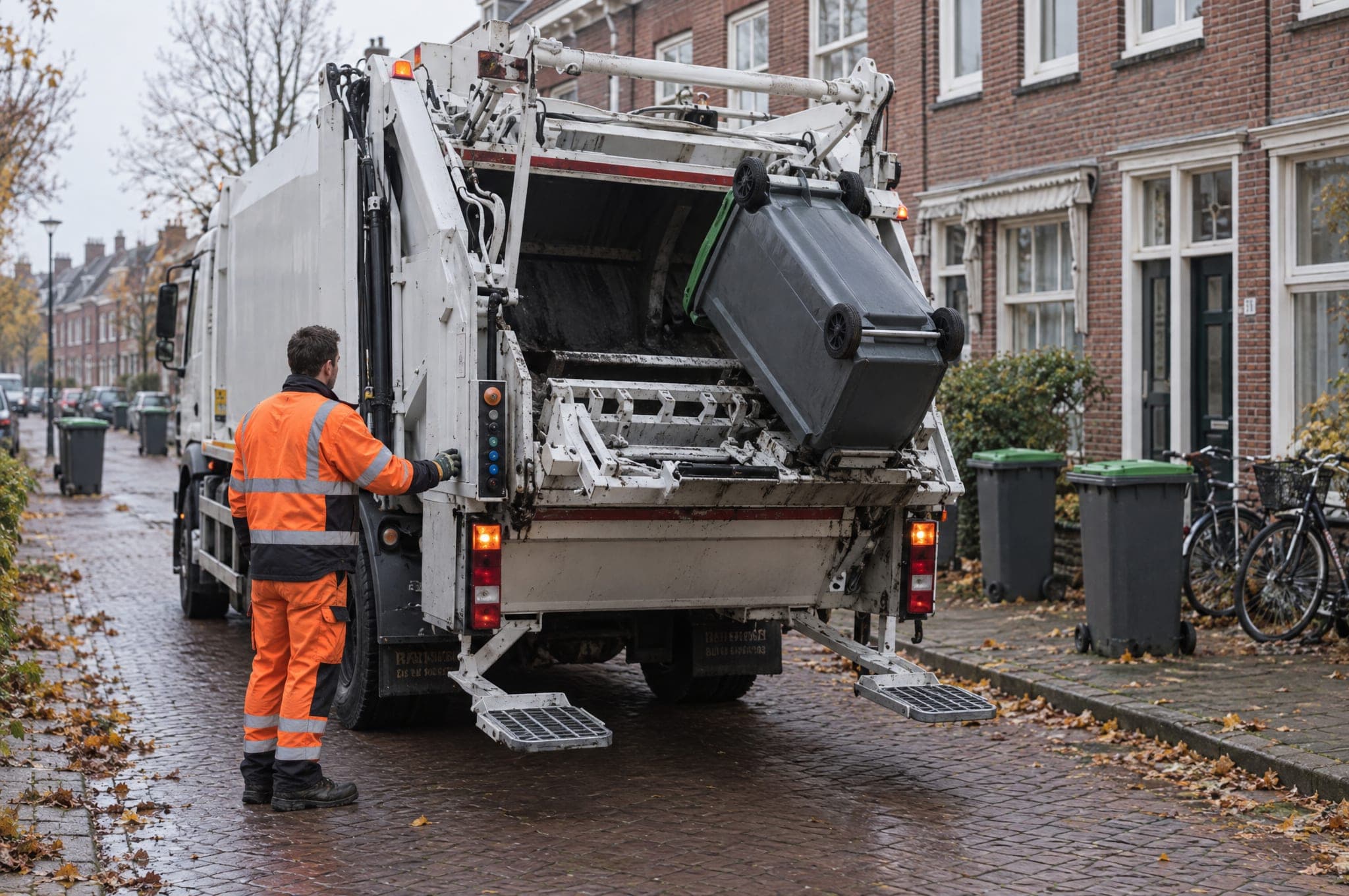 Crew member at the back of a rear-loader as a wheelie bin is tipped into the truck on a residential street