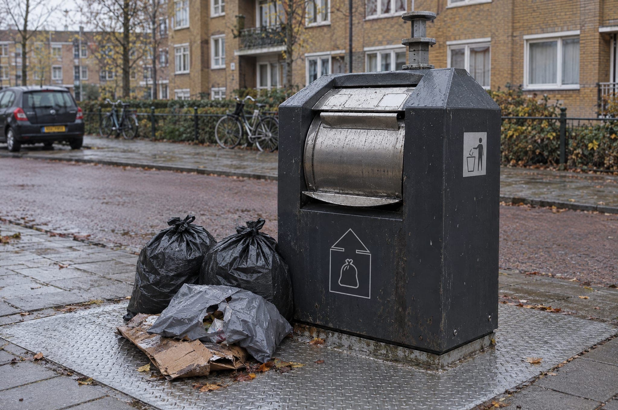 Bin bags and wet cardboard left beside an underground container on a rainy street